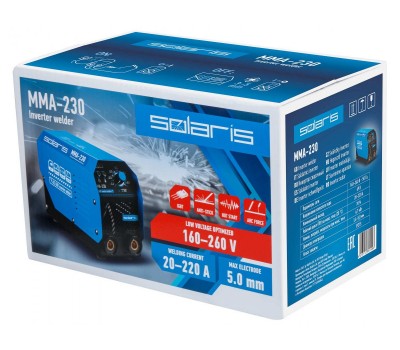 Инвертор сварочный SOLARIS MMA-230 (230В, 20-230 А, 69В, электроды диам. 1.6-5.0 мм, вес 3.7 кг) (MMA-230)