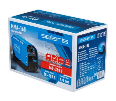 Инвертор сварочный SOLARIS MMA-160 (230В, 20-160 А, 69В, электроды диам. 1.6-4.0 мм, вес 3.0 кг) (MMA-160)