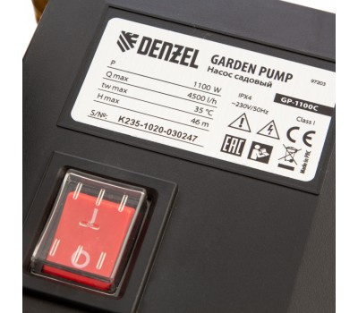Садовый поверхностный насос GP1100C, 1100 Вт, 4500 л/ч, подъем 46 м, чугун Denzel